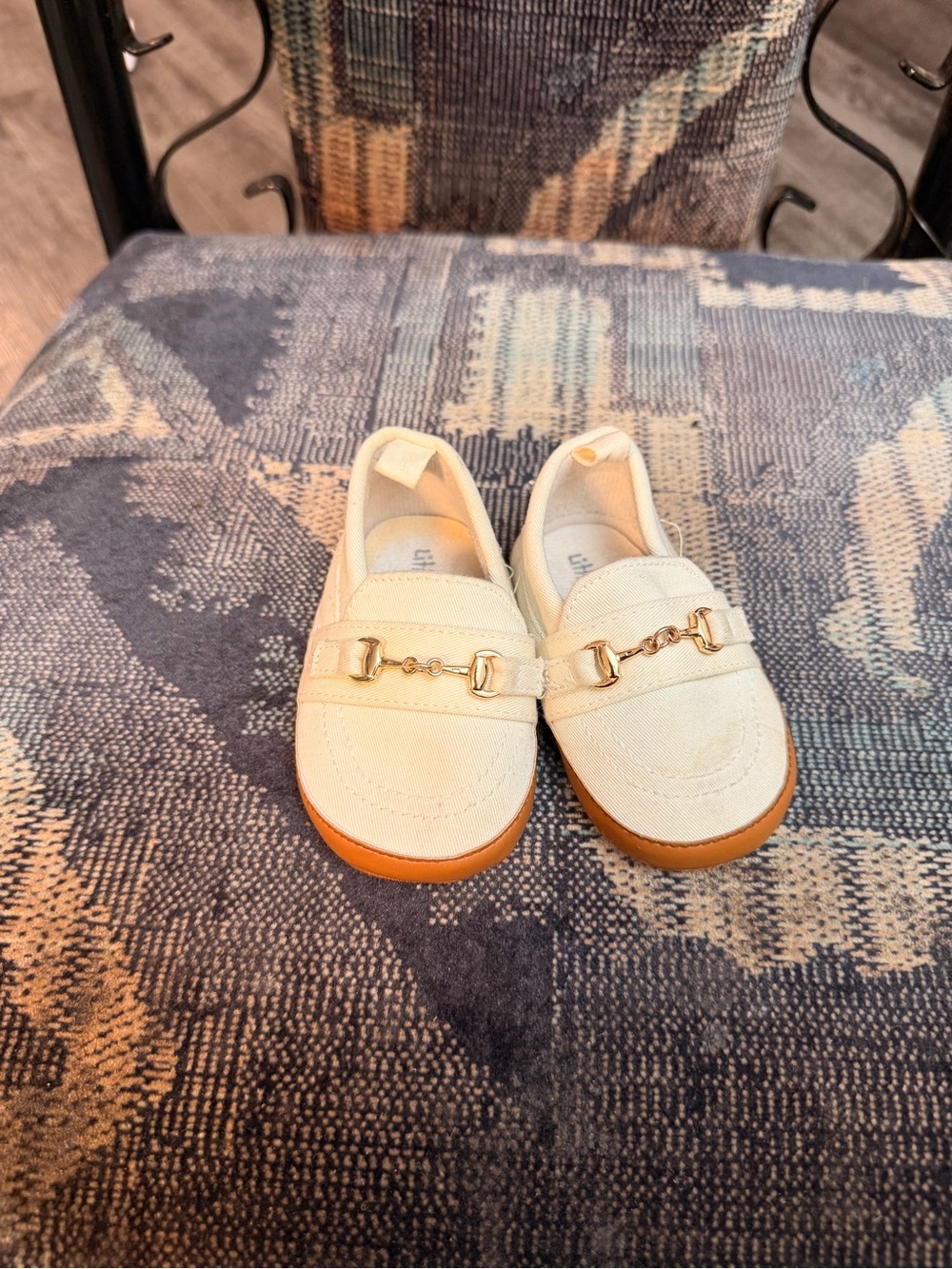 Little Me Cream Slip-On Dress Loafers with Gold Bit